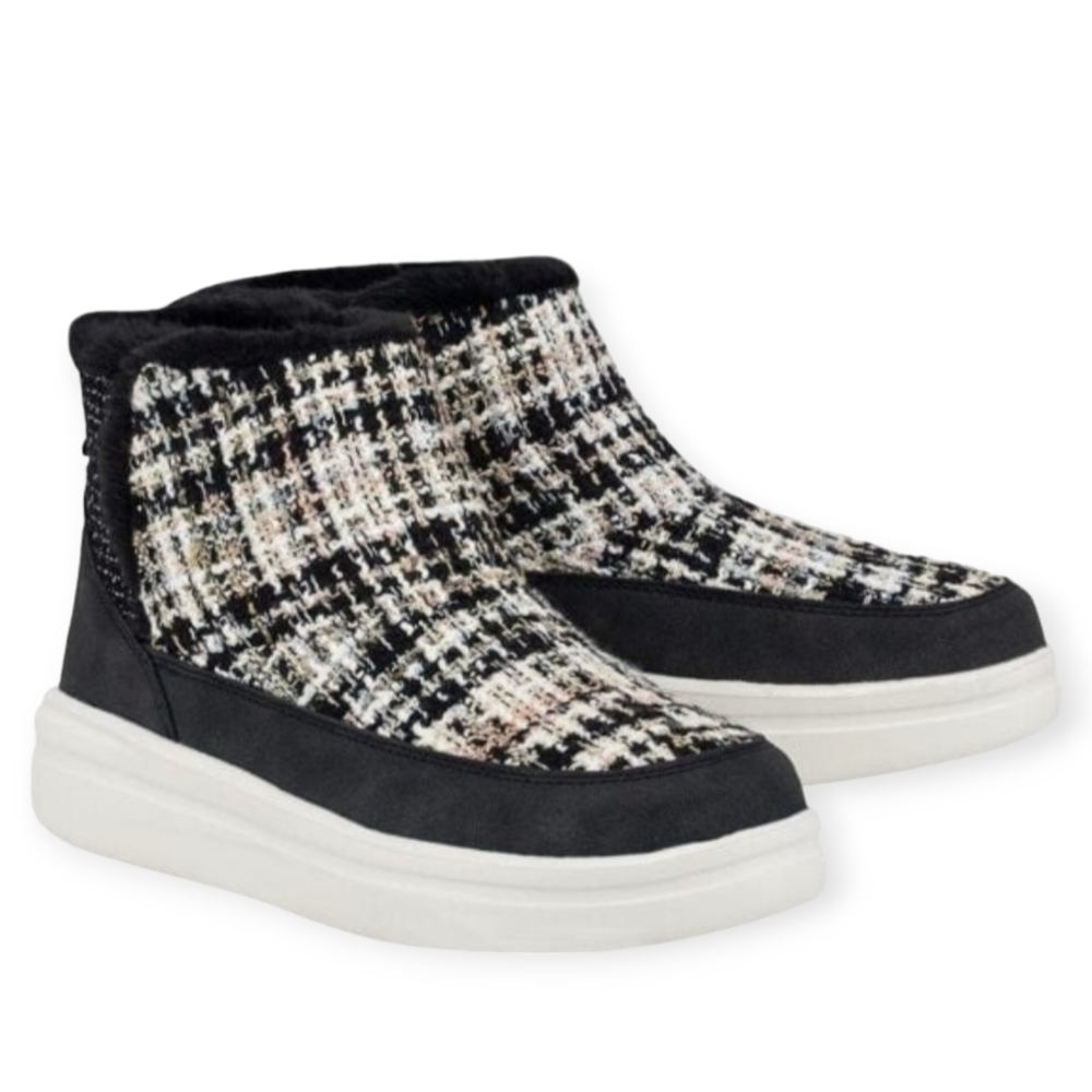 HEY‎ DUDE Mel Boucle Black Moc Boots Women's Faux Fur Lining Flat Sneaker Shoes